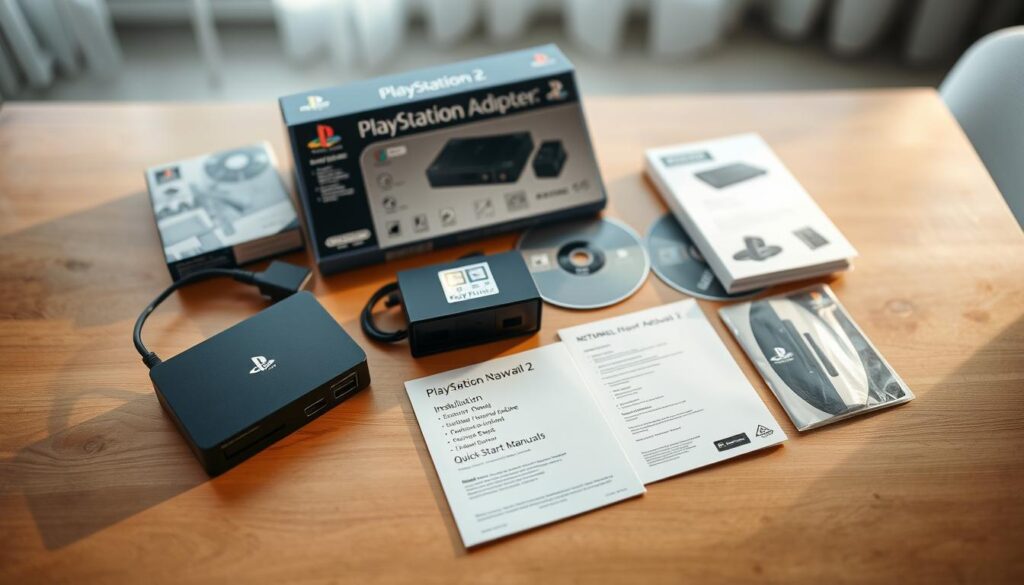 A detailed flat lay image showcasing the contents of a PlayStation 2 network adapter package. In the foreground, clearly display the network adapter itself, sleek and black, with the PlayStation logo subtly visible. Surrounding it, include the original packaging featuring technical illustrations and a quality sticker. In the middle, arrange essential items like installation discs, quick-start manuals, and a warranty card, all neatly placed. The background should be a softly blurred wood table, adding warmth to the scene, softly illuminated by natural light from a nearby window, creating a serene atmosphere. Capture this from a top-down angle to emphasize the organization and detail of the package contents while maintaining a professional aesthetic without any text or branding.