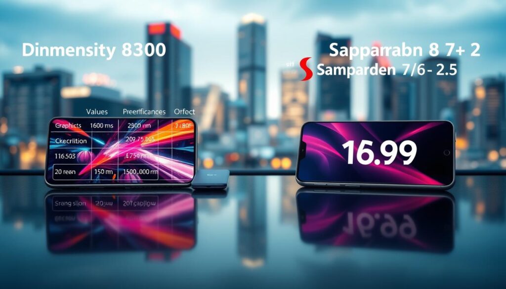 A detailed infographic comparing the values of Dimensity 8300 and Snapdragon 7+ Gen 2, showcased in an aesthetically pleasing design. The foreground features a split view of high-performance smartphone graphics, with specifications on one side and pricing on the other, highlighted through vibrant colors. In the middle background, sleek devices embodying both chipsets are positioned on a polished surface, reflecting a tech-savvy environment. The backdrop consists of a blurred urban skyline to represent modernity and innovation, illuminated by soft ambient lighting. The mood conveys a sense of competitiveness and technology advancement, drawing focus to the importance of price and availability in gaming performance. Shot with a 35mm lens to provide sharp detail in the foreground and a smooth bokeh effect in the background, creating depth and interest.