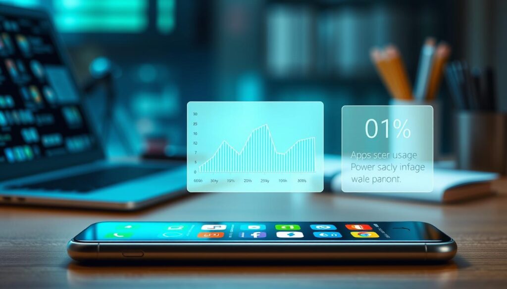 A dynamic, visually striking illustration depicting app background usage on a sleek smartphone screen. In the foreground, the smartphone displays a vibrant array of application icons representing various categories, with a soft glow to indicate active status. The middle layer features subtle graphs and power usage metrics that illustrate how different apps consume battery while running in the background, presented in a clean, modern style. The background showcases a blurred, tech-inspired workspace, incorporating elements like a laptop and notes to suggest a professional environment. The lighting is bright and focused, highlighting the phone's screen, with a cool blue and green color palette to evoke a sense of technology and innovation. The atmosphere is informative yet visually engaging, aimed at sparking interest in optimizing app performance. A dynamic, visually striking illustration depicting app background usage on a sleek smartphone screen. In the foreground, the smartphone displays a vibrant array of application icons representing various categories, with a soft glow to indicate active status. The middle layer features subtle graphs and power usage metrics that illustrate how different apps consume battery while running in the background, presented in a clean, modern style. The background showcases a blurred, tech-inspired workspace, incorporating elements like a laptop and notes to suggest a professional environment. The lighting is bright and focused, highlighting the phone's screen, with a cool blue and green color palette to evoke a sense of technology and innovation. The atmosphere is informative yet visually engaging, aimed at sparking interest in optimizing app performance.