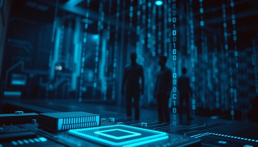 A futuristic digital landscape highlighting the concept of a secure enclave. In the foreground, depict a computer chip with intricate circuits glowing with a soft blue light, symbolizing data security. In the middle ground, show blurred silhouettes representing users, their biometrics being captured and analyzed, surrounded by holographic data streams. The background features a dark, high-tech environment, with glowing binary code cascading down, creating a sense of urgency and vulnerability. Employ moody lighting with contrasts of deep blue and black, casting dramatic shadows. Use a slightly low-angle perspective for a dynamic view, evoking a feeling of tension around user security and the potential impacts of data breaches.