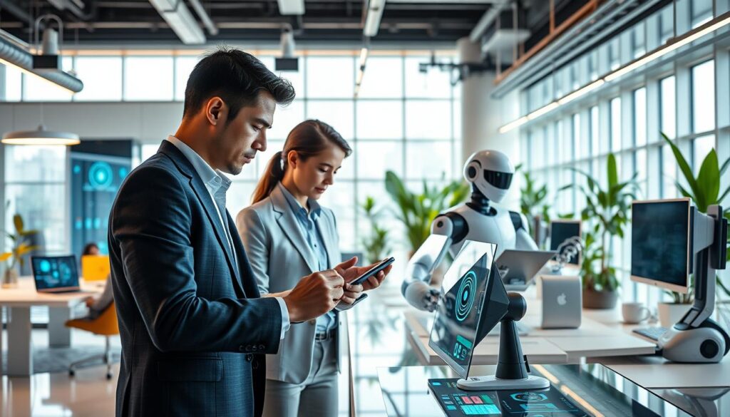 A futuristic office environment showcasing the future of productivity with artificial intelligence integration. In the foreground, a diverse group of professionals—two men and one woman—are engaged with sleek digital interfaces, wearing smart business attire. The middle ground features advanced AI technology, such as holographic displays, smart desks with integrated screens, and robotic assistants. The background displays a bright, open office space with large windows letting in natural light, plants for a touch of greenery, and futuristic architecture. The overall atmosphere is vibrant and collaborative, reflecting efficiency and innovation. Use soft lighting to enhance the modern aesthetic, captured with a wide-angle lens to convey depth and immersion.