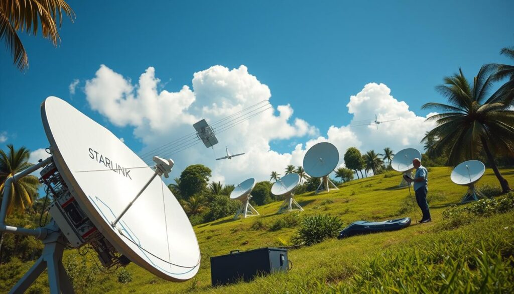 A futuristic satellite technology scene showcasing advanced Starlink satellite dishes and communication equipment in a beautiful Papua landscape. In the foreground, a sleek, modern satellite dish with intricate electronic components glistens under sunlight, while a technician in professional attire adjusts settings on a portable device. The middle ground features additional satellite antennas strategically located on a lush, green hillside, with tropical trees framing the scene. The background displays a clear blue sky dotted with high-altitude satellites and fluffy white clouds. The lighting is bright, giving an optimistic and innovative vibe to the composition. Capture this at a slight low angle to emphasize the technology's scale and sophistication, with a soft focus highlighting the satellite's intricate details and the natural beauty surrounding it.