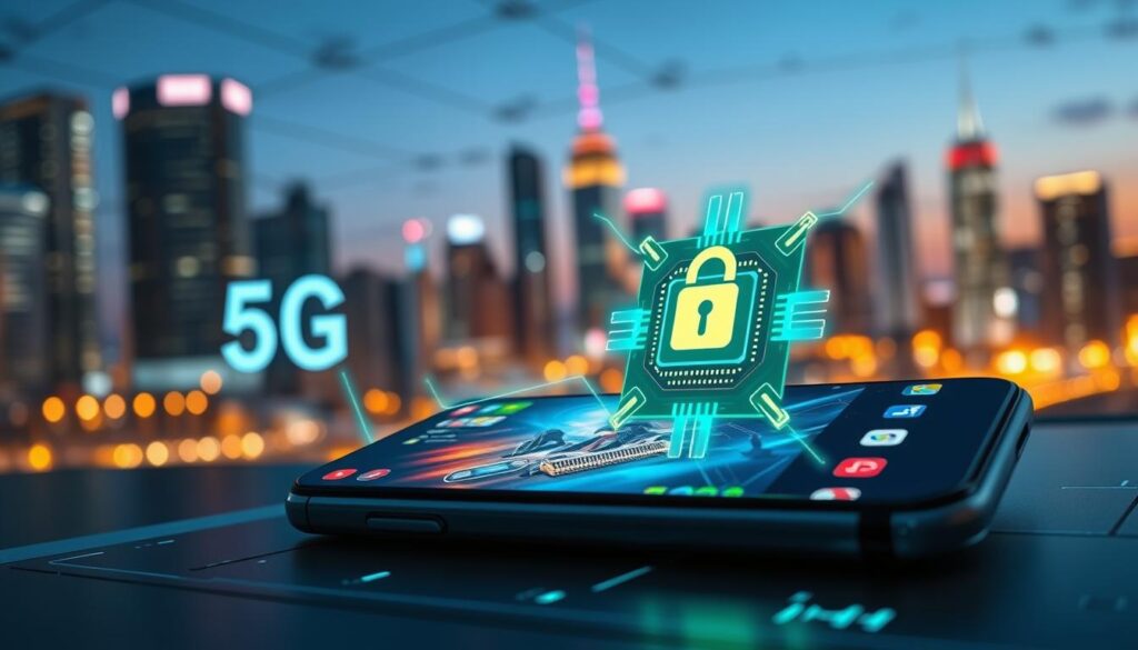 A high-tech scene illustrating the concept of 5G connectivity and chip security in mobile gaming. In the foreground, a sleek smartphone displaying a vibrant game interface, surrounded by holographic 5G network signals symbolizing fast connectivity. In the middle ground, a futuristic chipset glowing with security symbols, such as locks and shields, emphasizing the importance of chip security. The background features a city skyline at dusk, lit with LED lights, representing the digital age. Incorporate dramatic lighting to highlight the smartphone and chip, with a shallow depth of field to maintain focus. The atmosphere should be dynamic and tech-savvy, inviting viewers into the world of mobile esports.