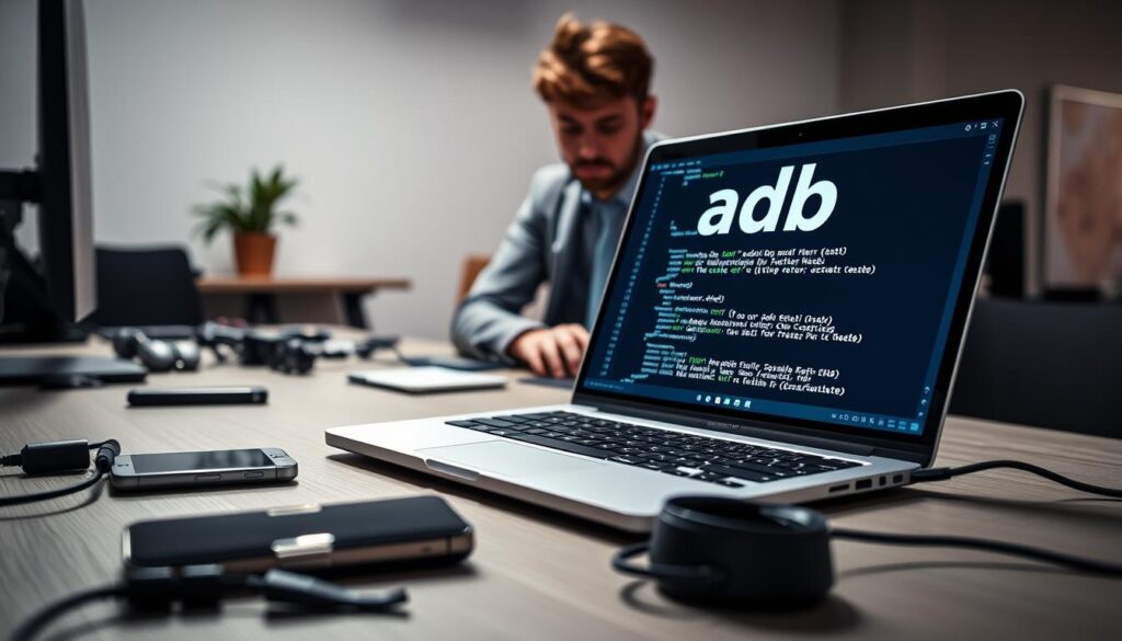 A modern computer desk setup featuring a sleek laptop displaying the "adb shell" command interface on the screen. In the foreground, there are accessories like a high-tech smartphone and a few loose cables, conveying a tech-savvy environment. In the middle ground, a person in casual business attire types commands, showcasing concentration and expertise. The background includes a well-lit, minimalistic workspace with a potted plant and a subtle hint of tech gadgets, creating an innovative atmosphere. The lighting should be bright, emphasizing the laptop screen and creating a vibrant yet professional mood. The image angle should be slightly tilted to capture the depth of the workspace while keeping the focus on the "adb shell" on the screen.