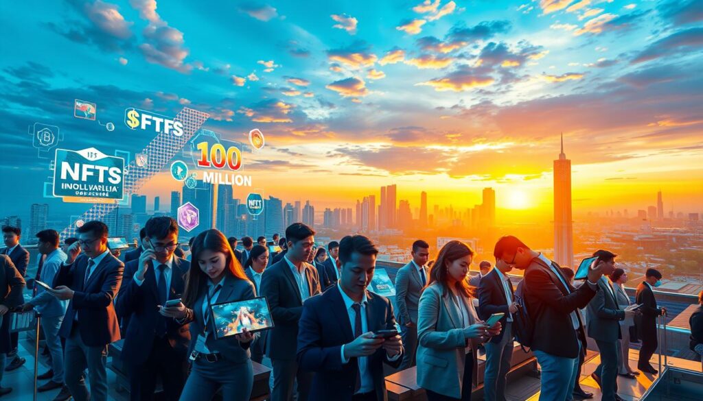 A modern digital landscape representing the success of an Indonesian blockchain game, showcasing a vibrant gaming atmosphere. In the foreground, a diverse group of players, depicted in professional business attire, are intensely engaged with futuristic gaming devices, displaying excitement and focus. The middle ground features glowing, holographic elements symbolizing the game’s NFTs, with dynamic, colorful graphics that suggest the game's financial success of 100 million dollars. In the background, the bustling skyline of a contemporary Indonesian city under a vivid sunset, casting warm golden light, adds depth to the scene. The overall mood is one of triumph and innovation, emphasizing the revolutionary impact of blockchain technology in gaming. The composition should have a slightly elevated angle for a comprehensive view.