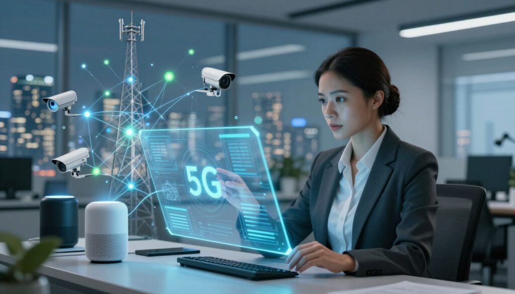 A modern office setting showcasing data security in the era of 5G and IoT. In the foreground, a professional businesswoman in formal attire is analyzing visual data on a high-tech holographic display. The middle layer features various IoT devices such as smart speakers, security cameras, and connected appliances, interconnected through glowing data streams. The background reveals a city skyline with 5G towers, symbolizing connectivity and technological advancement. Soft blue and green lighting enhances the futuristic atmosphere, while a shallow depth of field focuses on the subject, making her the focal point. The mood is one of innovation, security, and vigilance, capturing the essence of data protection in an ultra-connected world.