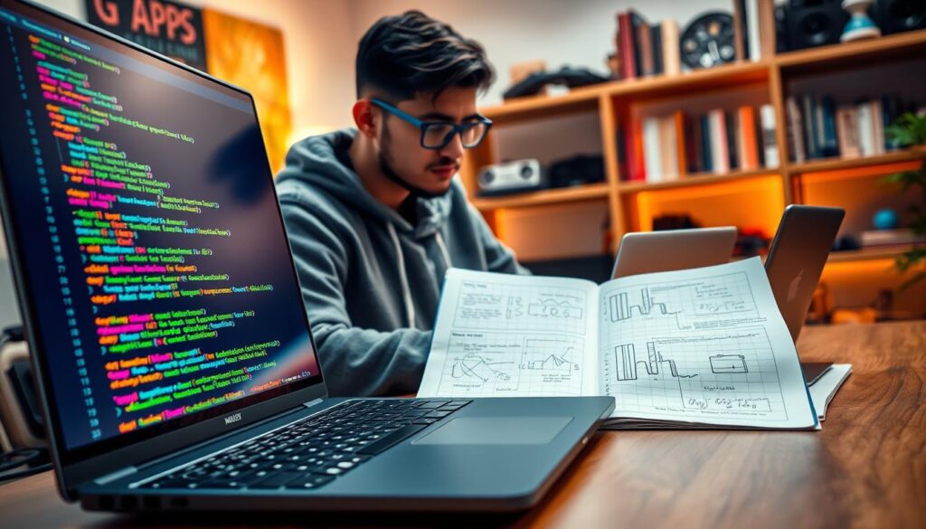 A modern programming workspace featuring the C# programming language. In the foreground, a sleek computer screen displays lines of C# code with vibrant syntax highlighting, symbols like "if", "else", and "class" vividly visible. A stylish laptop is open beside a notepad filled with technical sketches and algorithms. The middle layer shows a casually dressed programmer, a young adult in a hoodie and glasses, focused intently on their work with a look of concentration. The background hints at a cozy office environment, with soft lighting illuminating shelves filled with programming books and tech gadgets. The atmosphere is inspiring and motivating, reflecting creativity and innovation in software and game development. Soft bokeh effects add depth and warmth to the scene.