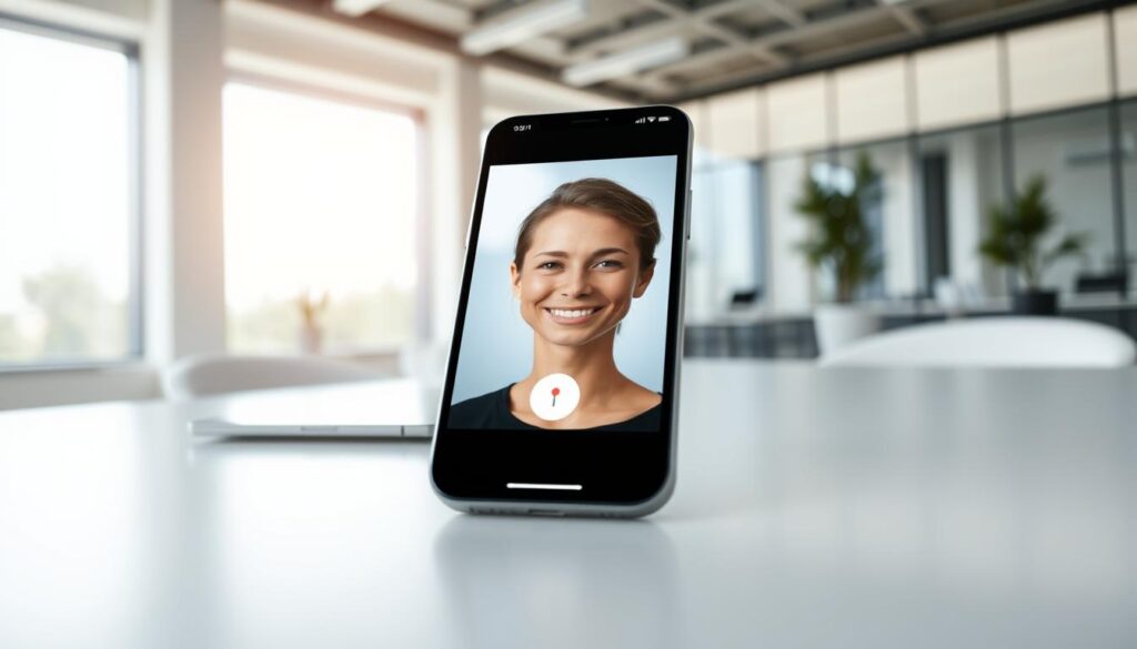 A modern smartphone displaying a face unlock feature on its screen, positioned on a sleek, minimalist desk. The phone's screen shows an illuminated, high-resolution image of a person's face, captured from slightly above, emphasizing a friendly, approachable expression. In the background, a soft-focus office environment with natural light streaming through large windows, highlighting a well-organized workspace with subtle hints of technology like a tablet and laptop. The color palette features cool tones like soft blues and grays, creating a calm and professional mood. The angle of the shot should provide a dynamic view that conveys innovation and security, making the smartphone the center of attention while ensuring the overall composition feels inviting and modern.