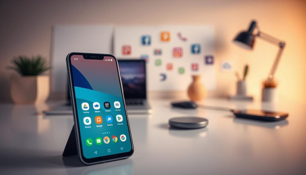 A modern smartphone showcasing the Android operating system interface, prominently displaying colorful app icons and intuitive navigation elements. In the foreground, the phone is angled slightly towards the viewer, emphasizing its sleek design and vibrant screen. The middle ground features a clean workspace with a subtle tech-inspired decor, such as a laptop and wireless charger. The background includes abstract representations of Android's versatility, like diverse app usage (social media, productivity, gaming), subtly blending in. Soft, diffused lighting creates a welcoming atmosphere, highlighting the smartphone's features while casting gentle reflections on the desk. The overall mood is dynamic and engaging, illustrating the flexibility and customizability of the Android user experience.