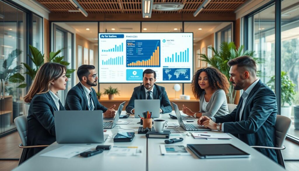 A professional office scene depicting the analysis of workload needs for AI tools. In the foreground, a diverse group of three business professionals, dressed in smart attire, are engaged in a discussion around a modern conference table cluttered with laptops, charts, and digital tablets. The middle ground features a large screen displaying analytical data and graphs related to workload automation and efficiency. The background shows a bright, contemporary office environment with glass walls, greenery, and warm lighting to create an inviting atmosphere. Use a wide-angle lens for a dynamic perspective, ensuring the mood is focused yet collaborative, conveying the importance of choosing the right AI tools for office tasks.