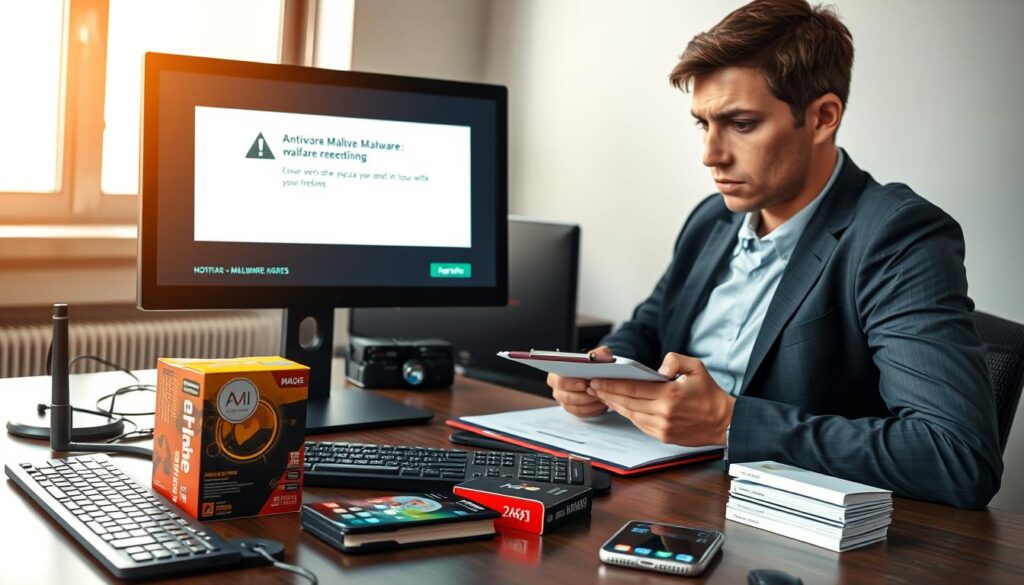 A professional workspace featuring a computer displaying a warning about malware, set in a modern office environment. In the foreground, a person in professional business attire, looking concerned, is examining the computer screen closely, taking notes on a clipboard. In the middle, a desk cluttered with tools for malware mitigation, including antivirus software boxes, a keyboard, and a smartphone showing security apps. The background features a window with soft, natural light filtering in, creating a calm yet alert atmosphere. The overall mood is tense yet focused, emphasizing the importance of taking action against malware threats. The image captures a sense of urgency and professionalism, with a clear emphasis on cybersecurity measures.