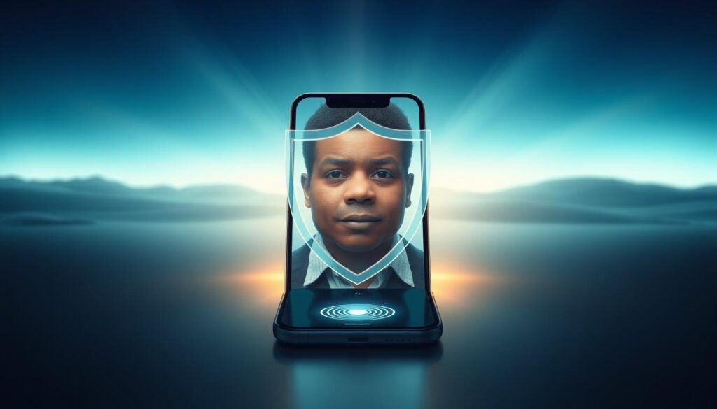 A serene yet protective digital landscape symbolizing privacy and security. In the foreground, a sleek, modern smartphone showcases its Face ID feature, glowing softly to indicate its scanning readiness. A blurred, expressive face of a person with slightly swollen features looks directly into the phone, dressed in casual, professional attire. The middle layer features a translucent shield overlaid on the smartphone, representing data protection. The background is a soft gradient of cool blues and greens, evoking a sense of technology and safety. Gentle beams of light radiate from the smartphone, casting a warm glow and creating a reassuring atmosphere, emphasizing the reliability of Face ID technology in safeguarding personal data. The overall mood is calm and secure, inspiring trust in innovative features. A serene yet protective digital landscape symbolizing privacy and security. In the foreground, a sleek, modern smartphone showcases its Face ID feature, glowing softly to indicate its scanning readiness. A blurred, expressive face of a person with slightly swollen features looks directly into the phone, dressed in casual, professional attire. The middle layer features a translucent shield overlaid on the smartphone, representing data protection. The background is a soft gradient of cool blues and greens, evoking a sense of technology and safety. Gentle beams of light radiate from the smartphone, casting a warm glow and creating a reassuring atmosphere, emphasizing the reliability of Face ID technology in safeguarding personal data. The overall mood is calm and secure, inspiring trust in innovative features.