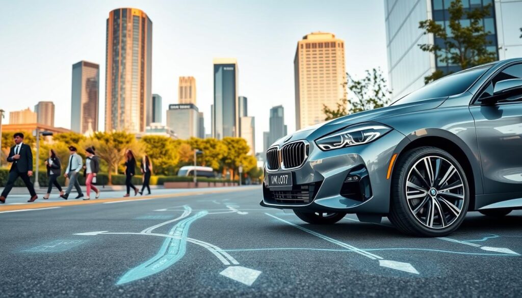 A sleek BMW vehicle equipped with advanced sensor technology showcased in an urban environment, demonstrating augmented reality overlays in action. In the foreground, the car is parked stylishly, with transparent GPS navigation graphics projected directly onto the road, illustrating turn-by-turn directions and points of interest. The middle ground features pedestrian-friendly streets moderately busy with people casually dressed in professional business attire, engaged with the enhanced reality around them. The background showcases a prominent city skyline subtly integrated with green spaces. Soft, natural lighting during the late afternoon creates a warm atmosphere, while a low-angle shot emphasizes the cutting-edge features of the BMW. The overall mood is innovative and tech-forward, perfectly capturing the essence of sensor augmented reality in modern driving.