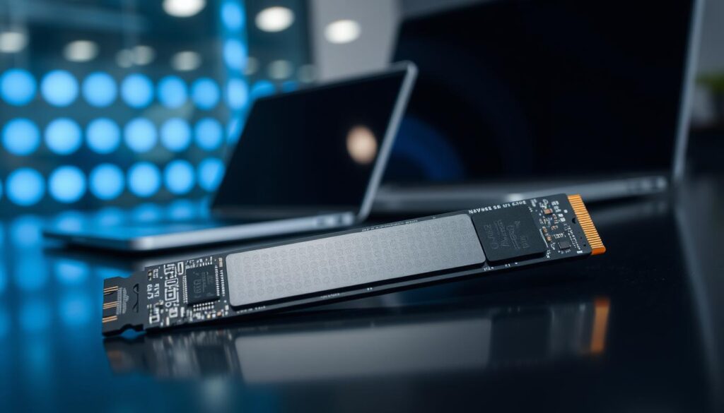A sleek M.2 NVMe SSD positioned prominently in the foreground on a dark reflective surface, showcasing its metal casing and intricate circuit patterns. In the middle ground, a high-tech smartphone and a laptop partially out of focus, suggesting a context of advanced technology and performance. The background features a blurred office environment with subtle blue LED lighting, creating a modern and professional atmosphere. Use a macro lens effect to capture the fine details of the SSD, highlighting its compact size and design. The overall mood should convey innovation and high-performance computing, with soft, diffused lighting to enhance the metallic sheen of the SSD while ensuring a clean and polished look. No text or branding present. A sleek M.2 NVMe SSD positioned prominently in the foreground on a dark reflective surface, showcasing its metal casing and intricate circuit patterns. In the middle ground, a high-tech smartphone and a laptop partially out of focus, suggesting a context of advanced technology and performance. The background features a blurred office environment with subtle blue LED lighting, creating a modern and professional atmosphere. Use a macro lens effect to capture the fine details of the SSD, highlighting its compact size and design. The overall mood should convey innovation and high-performance computing, with soft, diffused lighting to enhance the metallic sheen of the SSD while ensuring a clean and polished look. No text or branding present.