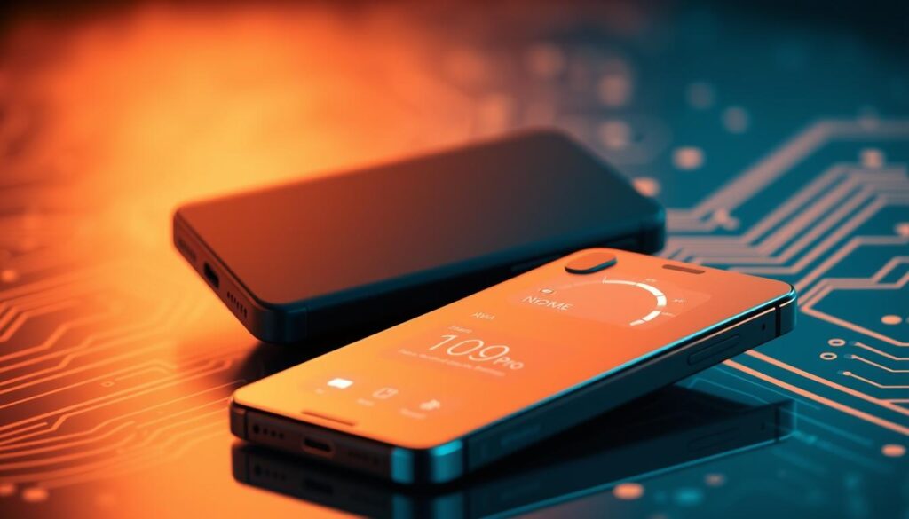 A sleek and modern smartphone, the iPhone 15 Pro, is showcased prominently in the foreground, highlighting its elegant design and glossy finish. The device is displayed with an open settings menu showing storage details, emphasizing its NVMe storage technology. In the middle ground, a dynamic comparison with a shadowy silhouette of a generic Android flagship phone, slightly blurred, symbolizes its slower performance. The background features a subtly glowing circuit board pattern, suggesting advanced technology and speed. Warm lighting illuminates the scene, creating a high-tech ambiance. The focus is sharp on the iPhone, while the Android phone remains out of focus, enhancing the contrast between them. The overall atmosphere conveys a sense of innovation and performance, representing the essence of speed in mobile storage solutions.