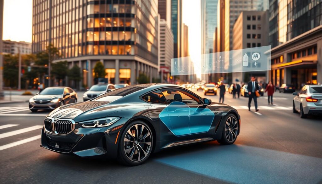 A sleek, modern BMW model showcased in an urban environment, demonstrating its augmented reality (AR) GPS feature. In the foreground, the BMW is angled slightly to highlight its aerodynamic design, with an illuminated digital display projecting GPS navigation directly onto the real road ahead. The middle ground features a bustling city street, complete with realistic traffic, pedestrians dressed in professional business attire, and ambient city life. The background includes iconic buildings, subtly blurred to emphasize the car and AR feature. The scene is bathed in warm, natural lighting, capturing the golden hour to evoke a sense of innovation and sophistication. The mood is vibrant and tech-forward, showcasing the future of automotive technology without any text or distractions.