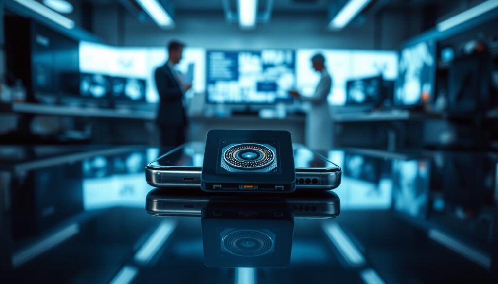 A state-of-the-art Samsung Isocell sensor showcased prominently in the foreground, gleaming with a reflective surface that highlights its intricate micro-lens design and advanced technology features. The middle ground features a sleek smartphone, partially transparent to reveal the internal mechanism of the sensor at work. In the background, a blurred, high-tech laboratory setting, illuminated by soft, cool lighting, with researchers in professional business attire observing the sensor's performance on monitors. The mood is innovative and futuristic, conveying a sense of breakthrough technology in mobile photography. The angle captures the sensor in close-up, enhancing its details while maintaining a professional and polished aesthetic.