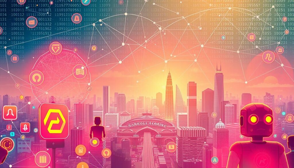 A vibrant and dynamic illustration of the blockchain ecosystem in Indonesia, showcasing interconnected digital elements like NFTs, gaming icons, and robotic avatars in the foreground. Include a bustling cityscape of Jakarta in the middle ground, symbolizing technological advancement and innovation. In the background, depict a stylized digital sky filled with binary code and abstract shapes, representing the digital revolution. Use bright, engaging colors to create a sense of excitement and potential. The lighting should be bright and warm, emanating an optimistic atmosphere, with a slightly angled aerial perspective to highlight the depth of the ecosystem. Focus on the blend of traditional culture and modern technology, emphasizing the unique qualities of Indonesia's NFT gaming industry.