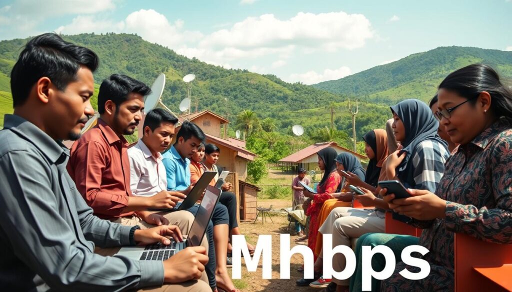 A vibrant community scene in Papua showcasing the benefits of high-speed internet at 500Mbps. In the foreground, a diverse group of men and women of various ages, dressed in professional attire, are engaged in activities like video calls, online education, and streaming content with laptops and smartphones. The middle ground features traditional Papuan homes harmoniously blending with modern technology, like satellite dishes and Wi-Fi routers. In the background, lush green hills and clear skies provide a picturesque setting, emphasizing the connection between technology and nature. Soft, natural lighting enhances the mood, creating a sense of progress and opportunity in the region. The angle is slightly elevated to capture the interaction between the people and their environment.