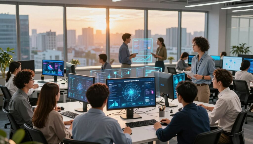 A vibrant office scene showcasing "business opportunities" in a high-tech environment. In the foreground, a diverse group of professionals in smart casual attire are engaged in a dynamic brainstorming session, surrounded by digital displays showing data analytics and IoT networks. The middle layer features an innovative workspace with transparent screens, holographic charts, and advanced technology gadgets, symbolizing efficiency and data-driven services. In the background, large windows reveal a bustling city landscape illuminated by the warm glow of sunset, emphasizing growth and potential. The lighting is bright yet warm, creating an inviting atmosphere. The angle captures the energy and interaction among the team, highlighting the convergence of technology and collaboration in a business setting.