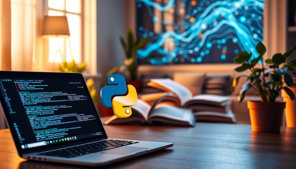 A visually striking representation of Python, the popular programming language. In the foreground, a sleek laptop with Python code displayed on the screen, illuminated by the soft glow of the screen light. Beside the laptop, a vibrant, color-coded Python logo, symbolizing the language's accessibility for beginners. In the middle ground, a cozy study space with green plants and open books on programming, conveying an atmosphere of learning and creativity. The background features a large, abstract representation of digital data flowing, symbolizing the dynamic nature of coding. The scene is warmly lit with natural light coming from a nearby window, evoking a sense of comfort and inspiration for aspiring coders. The overall mood should feel inviting and encouraging.