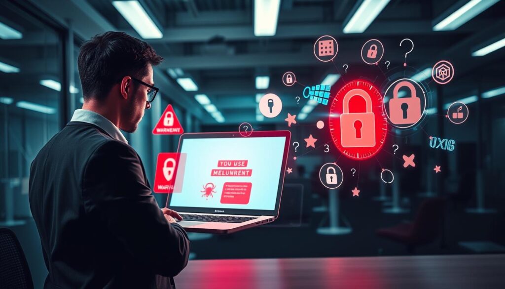 A visually striking representation of "security risks" in a digital landscape. In the foreground, a worried professional in business attire gazes at a glowing laptop screen, where ominous red warning signs and malware symbols emerge. In the middle ground, various digital icons, like a locked padlock and software bugs, swirl around, suggesting the unseen dangers of cracked applications. The background features a modern office environment, dimly lit with flickering fluorescent lights, conveying a sense of unease. The mood is tense, highlighting an atmosphere of urgency and caution. Soft shadows and a cool color palette, with hints of red, enhance the feeling of impending threat, while sharp focus on the laptop screen draws attention to the imminent cybersecurity threat.