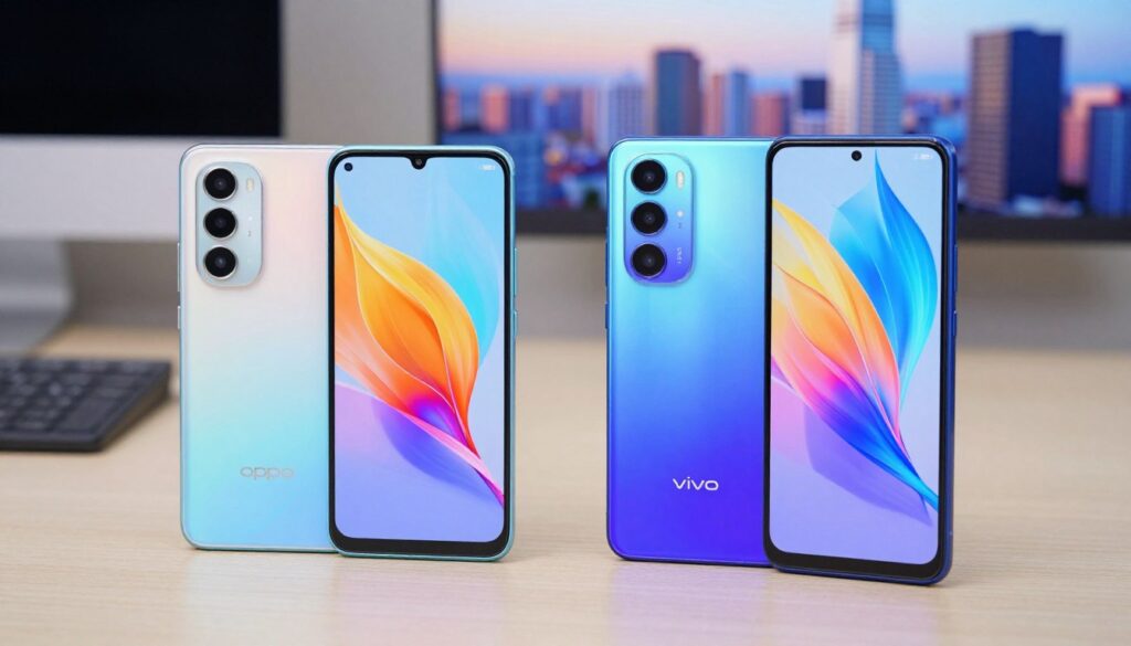 A close-up, split-screen comparison of two high-end smartphones, displaying the OPPO Reno and Vivo V Series models, each showcasing their vibrant screens. In the foreground, the phones are elegantly positioned with their screens turned on, revealing stunning graphics and bright colors, highlighting the differences in display technology. The middle ground features a blurred workspace with neutral tones to emphasize the phones, while in the background, a soft-focus cityscape provides a modern and dynamic atmosphere. Soft, diffused lighting enhances the colors of the screens, creating a captivating glow. The angle should be from a slightly elevated perspective, inviting viewers into a tech-savvy environment where innovation meets aesthetics. The overall mood is vibrant and engaging, ideal for a tech-focused audience.