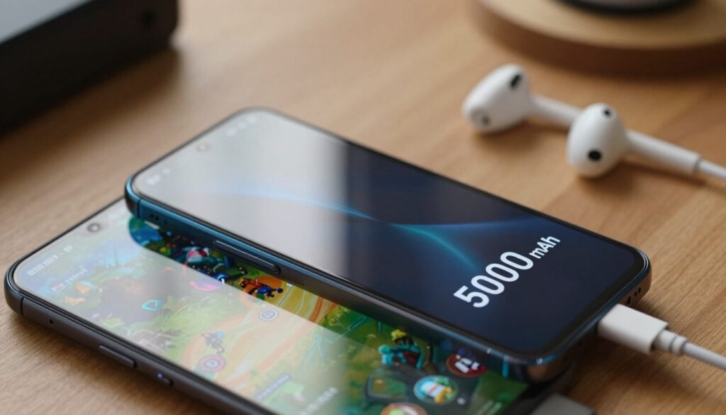 A close-up view of a modern smartphone featuring a 5000 mAh battery prominently displayed. The phone is sleek and stylish, with a glossy finish reflecting natural light to enhance its appeal. In the foreground, show the smartphone with a vibrant screen showcasing a gaming app interface, hinting at gaming capabilities. The background should softly blur out to suggest a cozy indoor setting, complete with a gaming setup including earbuds and a charging cable. Use soft, warm lighting to create an inviting atmosphere, emphasizing the phone’s features. Capture the image from a slightly elevated angle, highlighting the screen and battery specifications clearly visible without any text or overlays.