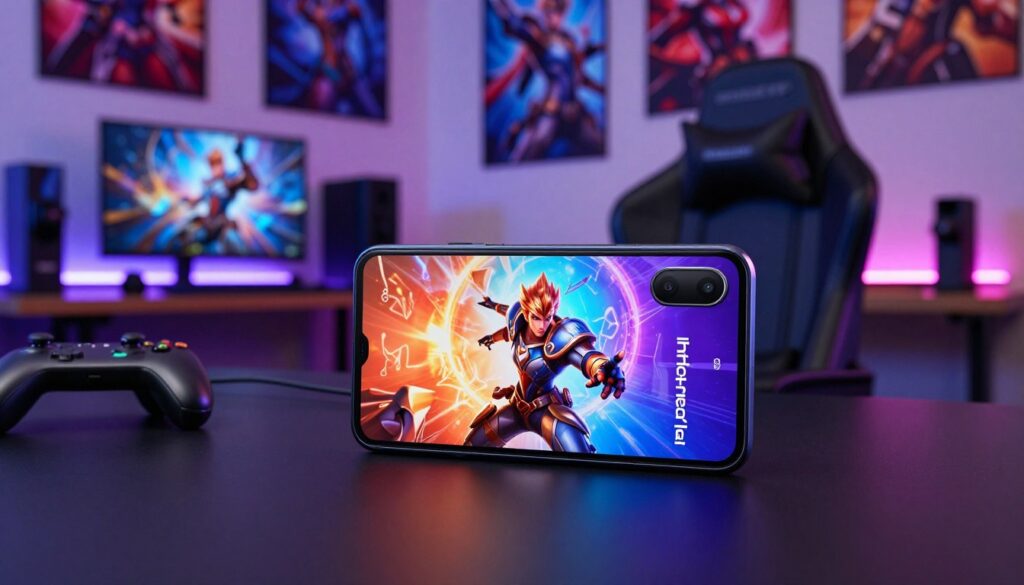 A sleek, entry-level gaming smartphone, the Performa Infinix Hot 40i, is prominently featured in the foreground, showcasing its vibrant display with a scene from Mobile Legends. Its modern design has a glossy finish with gaming-themed graphics. In the middle ground, a stylish gaming setup includes a minimalist desk with a comfortable gaming chair, a couple of game controllers, and ambient LED lighting enhancing the gaming atmosphere. The background features a cozy gaming den with posters of popular video games illuminating the walls. Soft, dynamic lighting highlights the smartphone’s screen for an engaging feel, while a slightly blurred depth of field draws attention to the device. The overall mood is energetic and inviting, suggesting a perfect environment for light gaming sessions.