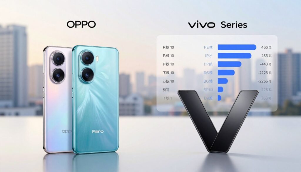A sophisticated comparison of smartphone pricing and variants, featuring two premium smartphones, the OPPO Reno and Vivo V Series, prominently displayed side by side. In the foreground, showcase the smartphones with sleek designs, highlighting their unique color options and specifications on glossy surfaces. The middle ground should include a minimalist chart or graphical representation, illustrating price points and key features, visually engaging for tech-savvy readers. The background can be softly blurred cityscape, representing innovation and modernity. Use soft, diffused lighting to create an inviting mood, capturing the essence of a high-end tech comparison. Focus on a balanced composition with a slight top-down angle to emphasize the devices and graphical elements.